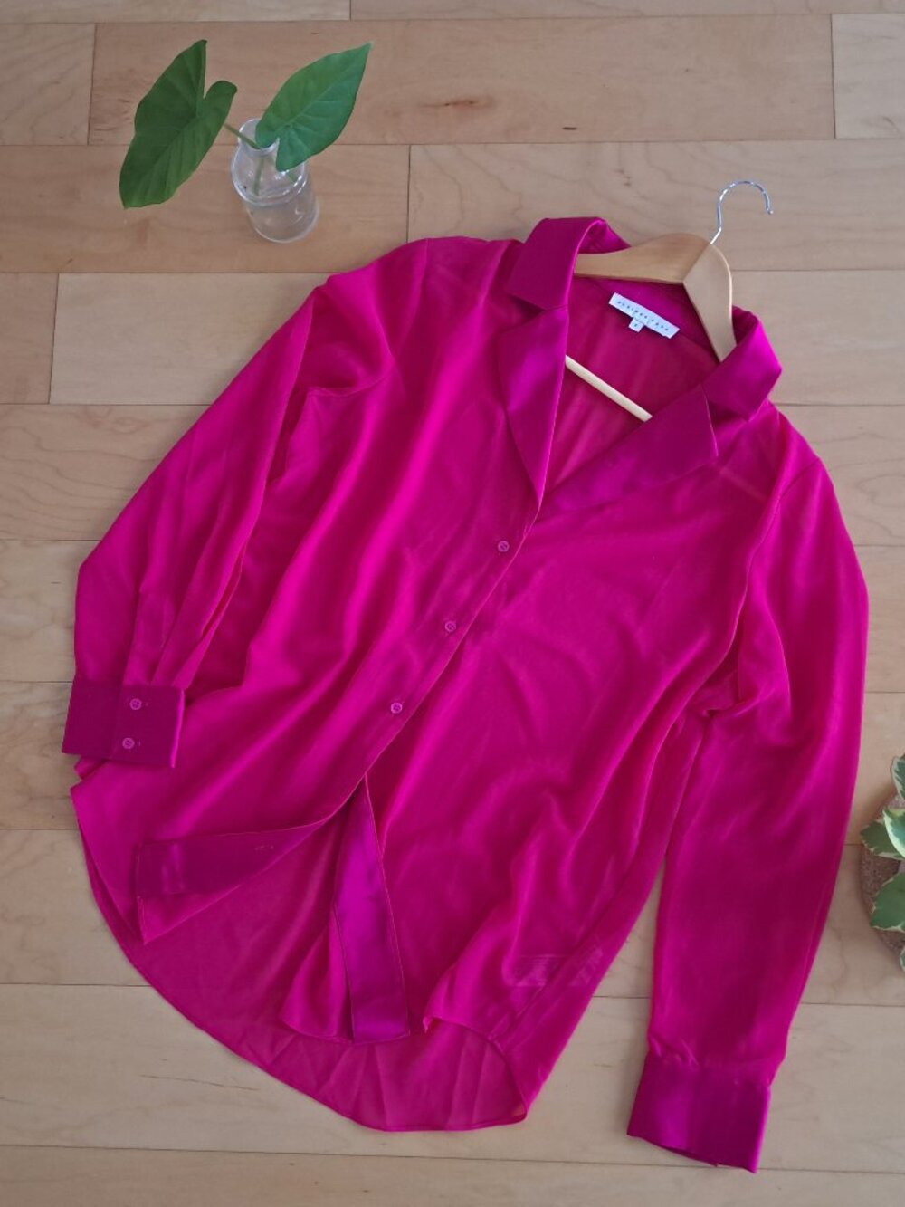 Endless Rose Sheer Magenta Oversize Button-down Collared Blouse Size Small